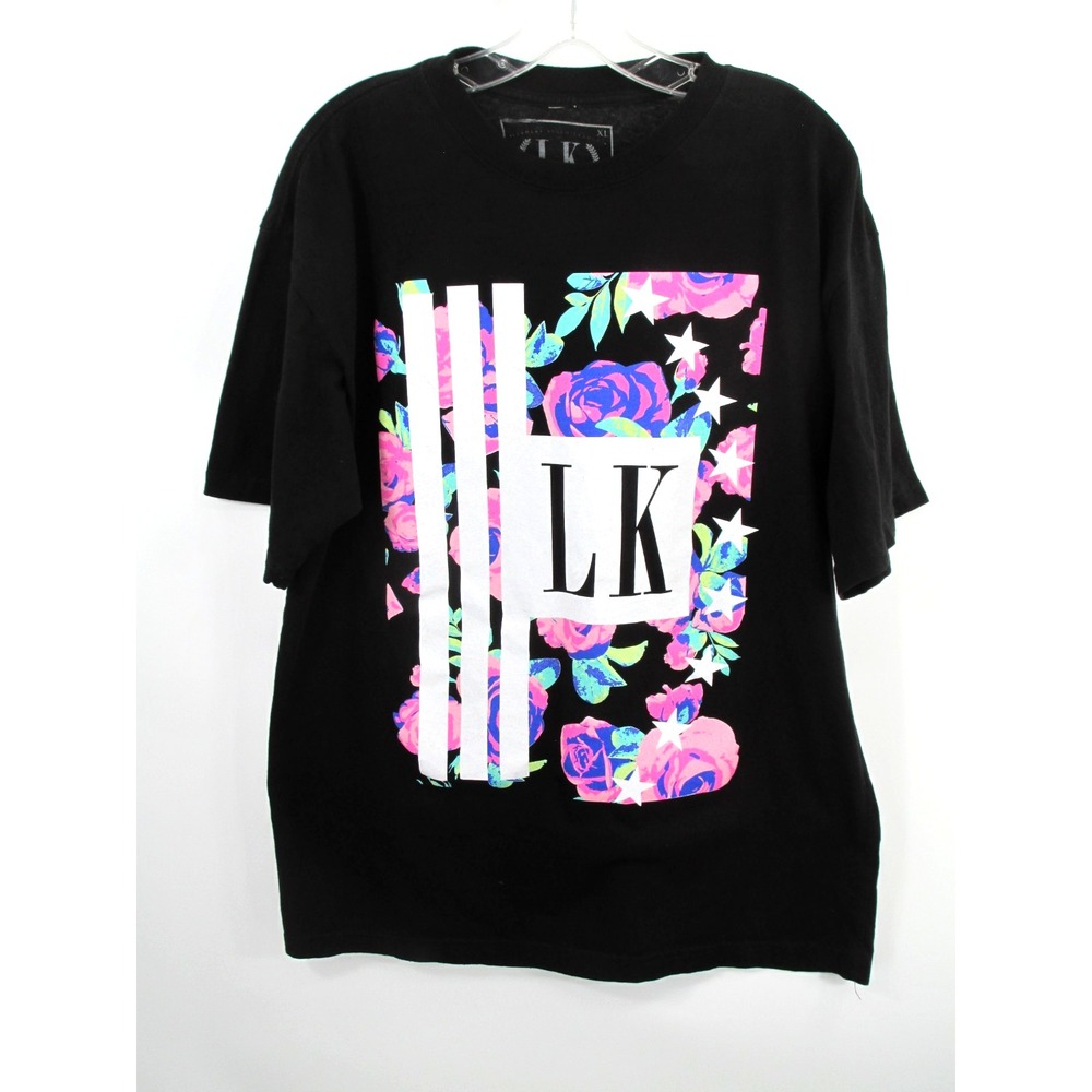 Last Kings Womens XL Black Floral Graphic T-Shirt Short Sleeve LK Logo Cotton